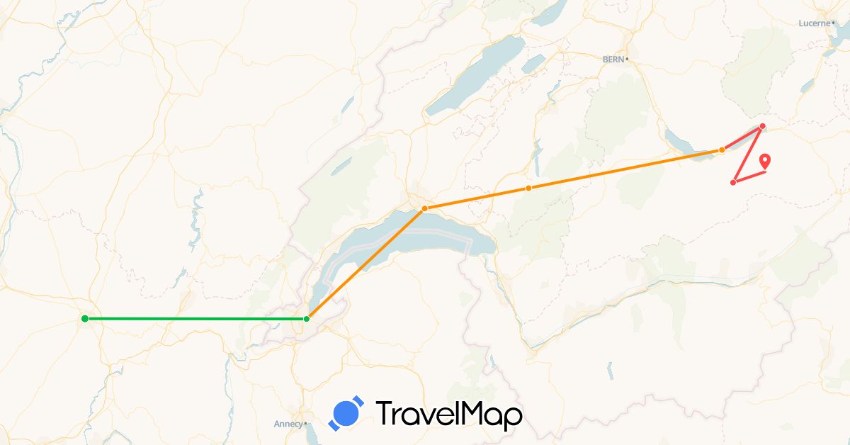 TravelMap itinerary: driving, bus, hiking, hitchhiking in Switzerland, France (Europe)